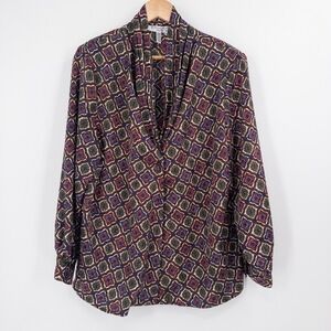 Vintage‎ Draped Blouse 16W Geometric Jewel Tone 90s 80s Retro Silky Art Teacher